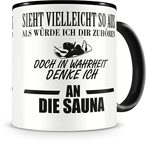 Samunshi® Ich denke an die Sauna Tasse Kaffeetasse Teetasse Kaffeepott Kaffeebecher Becher 300ml schwarz