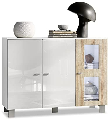 Vladon Sideboard Denjo, Made in Germany, Kommode mit 3 Türen, Weiß matt/Weiß Hochglanz/Eiche Sägegrau, inkl. LED-Beleuchtung (107 x 81 x 35 cm)