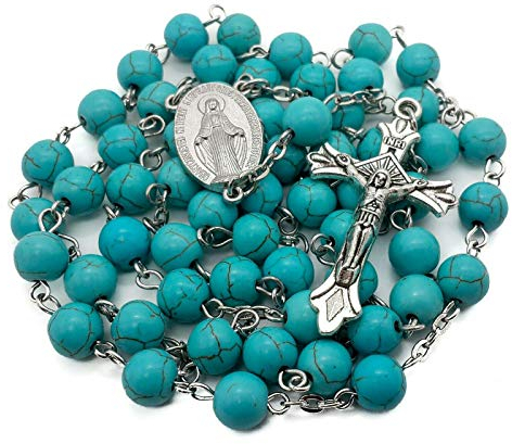 Nazareth Store Genuine Marble Beads Rosary Necklace Miraculous Medal Cross Crucifix in Velvet Bag