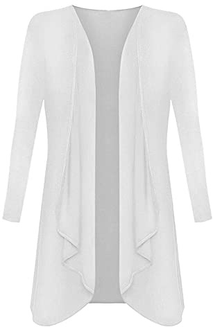 Ladies Hanky Hem Jersey Open Waterfall Boyfriend Women Plus Size Cardigan Top Full Long Sleeve Floaty Duster Jacket Coat Blazer UK (White, 14)