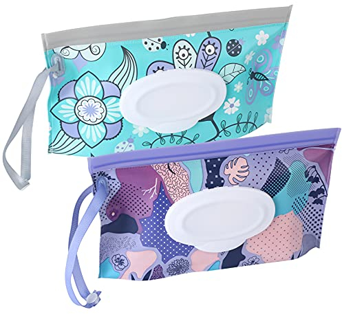 SANNIX 2 Pack Baby Wipe Dispenser,Reusable Portable Wipe Holder,Baby Wipes Container,Travel Baby Wipes,Refillable Wet Wipe Pouch(Floral)