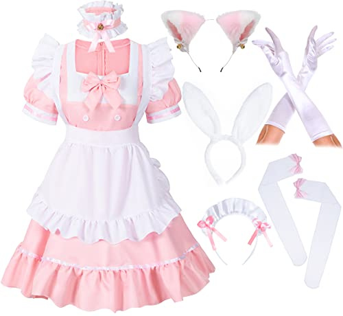 Costume de soubrette de lapin pour filles - Tenue de cosplay - Avec oreilles de chat en fourrure - Gants et chaussettes, rose, 4X-Large