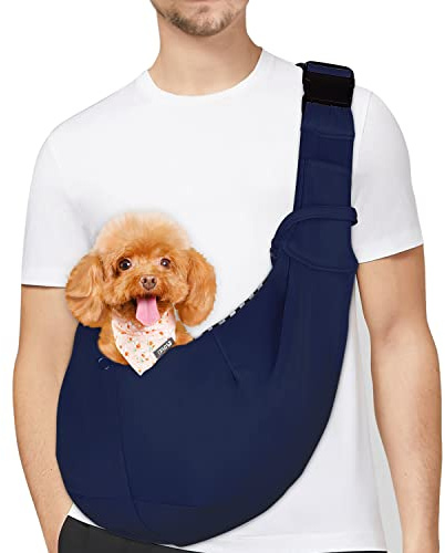 PetLoft Tragetuch Hund, Reversibel Kleine Hundetrage, Einstellbar Pet Tragetuch, Freisprecheinrichtung Cross-Body Carrier mit Halsband für Hund/Katze/Hase (Blau)