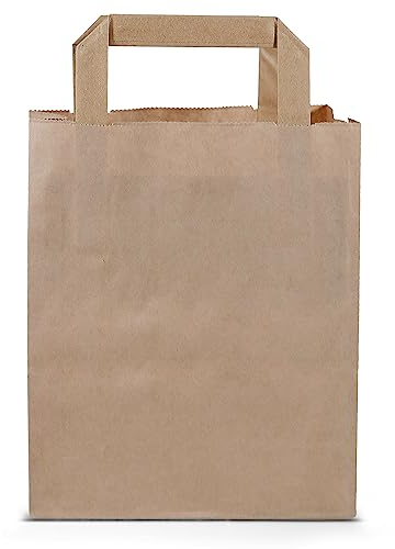 Commerline Papiertüten 250 Stück, Braun, 18+8x22 cm | Kraftpapier Tüten Klein Mit Henkel | Tragetasche Groß Papiertragetaschen Papiertüte Papiertaschen