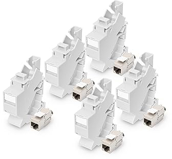 DIGITUS Set: Hutschienen-Adapter - 5 Stück - Cat6A Keystone-Modul - 45° Gewinkelt - RJ45 Buchse - Staubschutzklappe - Für Elektroverteilerkästen - Bis 10 Gbit/s Übertragungsgeschwindigkeit