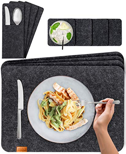 MIQIO Tischset aus Filz - 24er Tisch Untersetzer-Set - Filz Tischset abwaschbar - 8 Platzsets, Glasuntersetzer, Bestecktaschen | dunkelgrau | Filzuntersetzer eckig - Platzdeckchen für Weihnachten