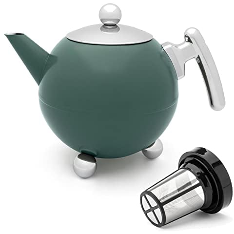 Bredemeijer große doppelwandige Teekanne 1.2 Liter - grüne Edelstahl Kanne & Tee-Filter-Sieb-Aufsatz - ideal für losen Tee