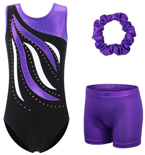 XFGIRLS Body da ginnastica per ragazze, a maniche lunghe, con brillantini, senza maniche, per danza classica, 3-16 anni, Nero Viola_Senza maniche, 11-12 Years