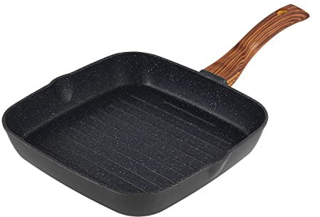 Vinod Zest Plus Grillpfanne, antihaftbeschichtet, Aluminiumguss, quadratisch, 24 cm, Schwarz, für Grill/Tandoori/Sandwich, induktionsgeeignet, mit Holzgriff