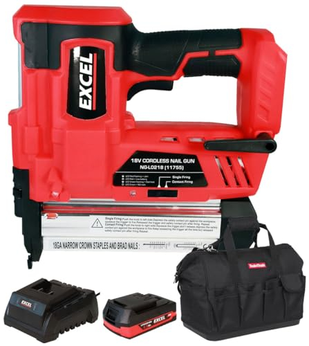 Excel EXL592B 18V Cordless 2nd Fix Nailer with 1 x 2.0Ah Battery Charger & Bag - Firing Speed 60Nails/min - 18ga Staple Size - LED Worklight - Depth Adjustment Wheel