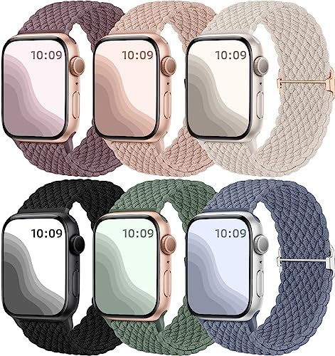 Maledan 6 Stück Geflochtenes Armband Kompatibel mit Apple Watch Armband 44mm 45mm 42mm 46mm 49mm Damen Herren, Elastisches Nylon Sport Solo Loop Band für iWatch SE Series 10 9 8 7 6 5 4 3 2 1 Ultra