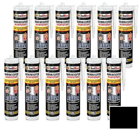 Isolbau Kamin & Ofen Dichtstoff - Feuerbeständige Dichtmasse bis 1500 °C - Für Reparatur & Füllung von Rissen in Kaminen & Öfen - Schwarz, 12 x 300 ml Tube