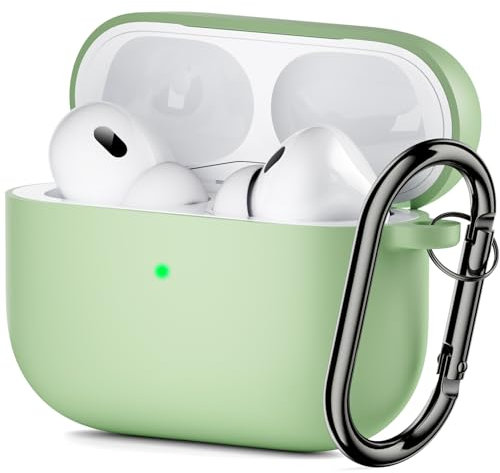 ORNARTO Compatible with AirPods Pro 2 Case Soft Silicone Case for AirPods Pro 2nd Generation Shock-Absorbing Protective Case Cover with Carabiner Front LED Visible-Pea Green