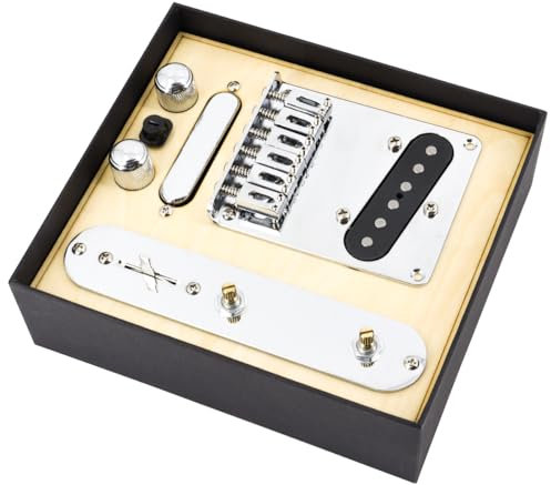 Domofa 6 Strings Saddle Bridge Plate Prewired 3 Way Switch Control Plate Neck Pickup Set for Squier Telecaster Electric Guitar Replacement Parts Chrome