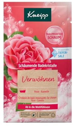 Kneipp Cristalli da bagno coccolare, sali da bagno con sale profondo e la combinazione di olio essenziale naturale della rosa damasco e olio di camelia, schiuma da sogno di lunga durata, 80 g