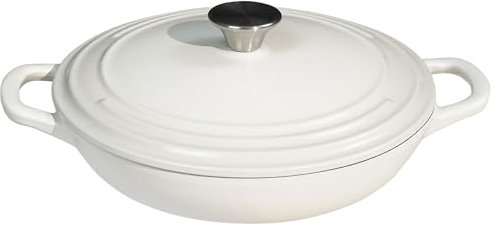 Flavehc Enameled Cast Iron Braiser 2.25 qt Pan with Lid - White Shallow Casserole
