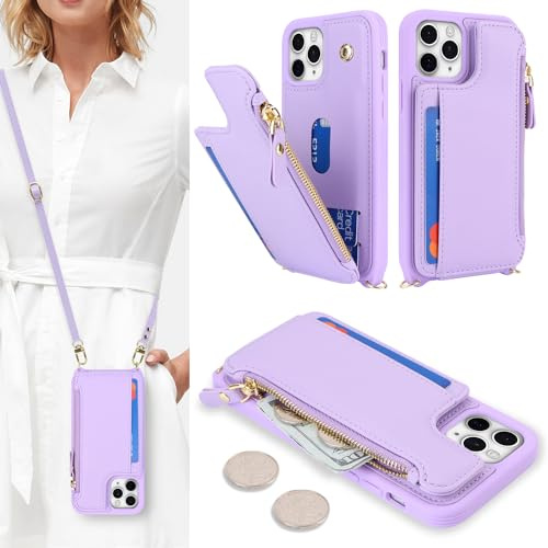 SailorTech Violette iPhone 11 Pro Max Hülle mit Kartenfach und Münzfach mit Reißverschluss, Verstellbare Halskette, Schutzhülle aus Leder