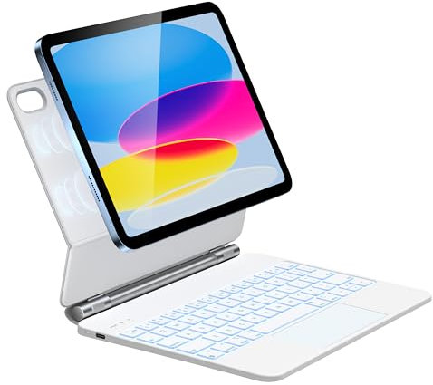 HOU Keyboard Case for iPad 11th Generation A16 2025/iPad 10th Generation 10.9“ 2022,Magnetic Adjustable Angle Stand, Multi-touch Trackpad, 7 Color Backlit, QWERTY Layout, White