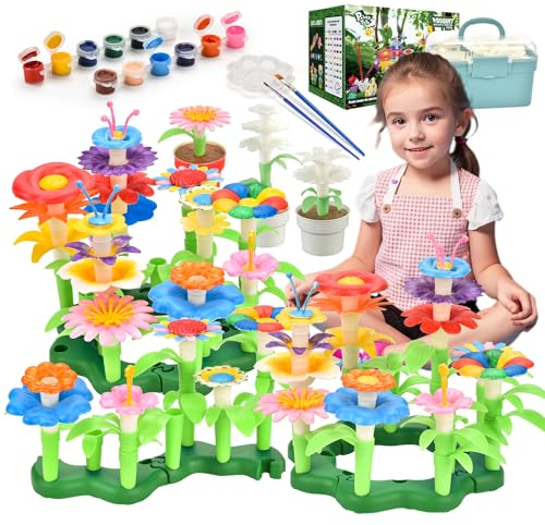 Flowers Building Blocks Toys, Kids Gardening Set with Paint, Arts & Crafts Kits for Boys & Girls, Flower Pretend Gardening Birthday Gifts for Girls Age 6 7 8 9 10+