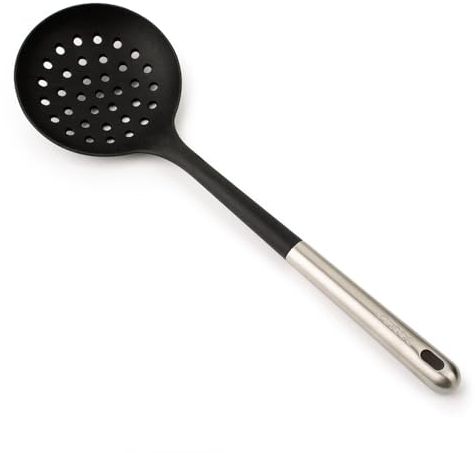 ARCOS Espumadera de Silicona, redondeada y Flexible de 350 mm para escurrir frituras de sartnes y cacerolas. Mango y Cuerpo de Acero Inoxidable. Resiste 240º. Color Negro y gris
