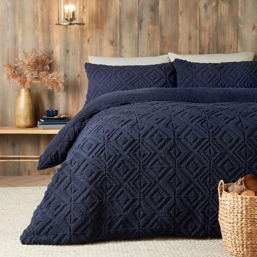 Fusion - Marineblauer Teddy-Fleece-Bettbezug, Doppelbettgröße (200 x 200 cm), wendbares Design, dunkelblauer Jacquard-Bettbezug, geometrische quadratische getuftete Bettwäsche, weiches und gemütliches
