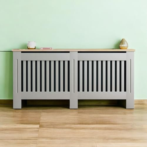 Top Home Solutions® Radiator Cover – MDF Heating Cover with Bamboo Wooden Top Shelf For Storage & Decoration, Vertical Slats Grill, Clip-on for Safety 83 x 172 x 19 cm (Grey, Extra Large)
