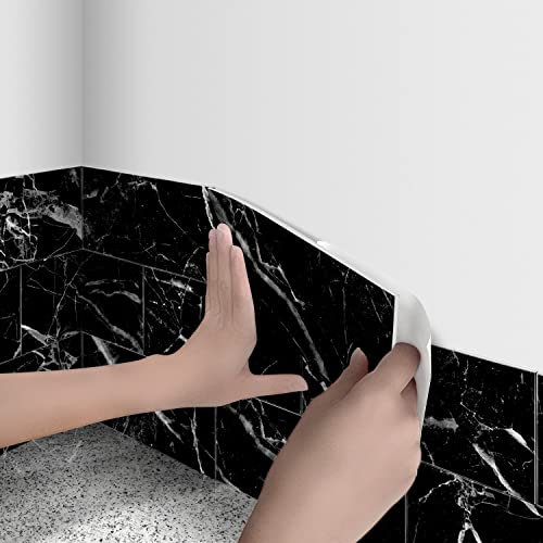 Alwayspon 16Pcs 4X8inch Black Marble Effect 3D Vinyl Tile Transfers Sticker, Peel and Stick Self-Adhesive Splashback, Foaming Sticky Back Stick On Tile for Kitchen Bathroom Wall