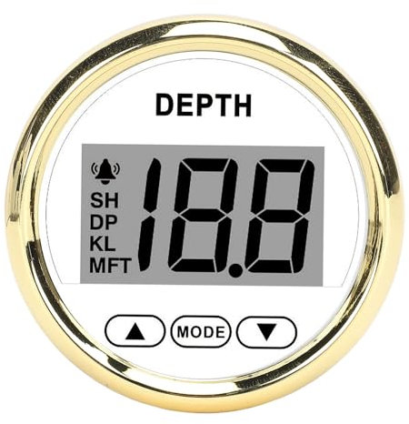 Tiefenmesser für Boote, LCD-Digitalanzeige mit Weißer Hintergrundbeleuchtung, Lünette aus 316L-Edelstahl, 52-mm-Tiefenmesser für Yachten (80000242 PLD2-WG-FTM Weißes Zifferblatt,