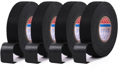 4 Piezas Cinta Adhesiva De Tela Aislante, Cinta Eléctrica para Arneses de Automoción, Cinta Aislante Negra, Arnés de Cables Alta Temperatura para Motocicleta Automóvil y Hogar (19mm x 15m)