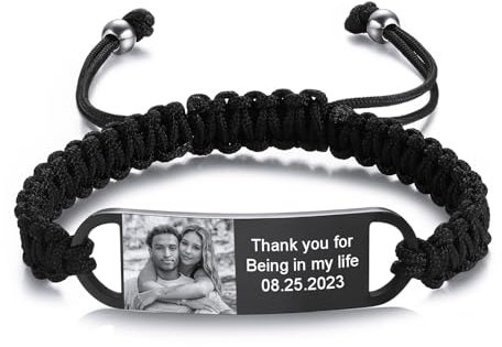 INBLUE Bracelet Personnalisé pour Homme Gravure Texte/Photo Ajustable Bracelet de Corde Tressée Fait Main pour Couple Personnalisable Bijoux Cadeau pour Saint Valentin Anniversaire - A1