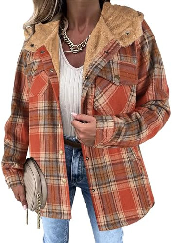 Veste à Carreaux for Femmes, Veste à Manches Longues, boutonnée, Polaire, Veste à Capuche, Manteau Chaud(Orange,XL)