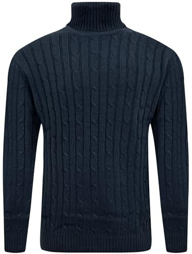 fashionego Mens Cable Knit Turtle Neck Jumper Polo Roll Neck Sweater Pullover Ribbed Knitwear Fisherman Menswear Pullover, Navy - FE, L