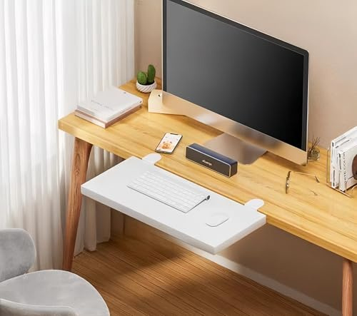 Desktop Extender Tray, 20/30*40/60/80/100/120cm Ergonomic Desk Extension Tray, Punch-free Clip-on Desk Extension Rack, Keyboard Drawer Tray, Computer Elbow Arm Support for Home Office(White,20*60cm)