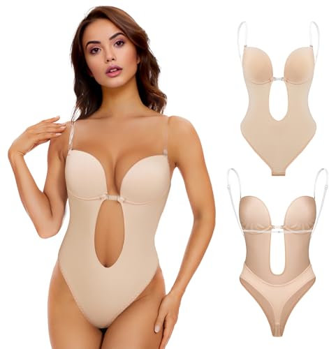 Sahunfri Strapless Shapewear Bodysuit for Women Tummy Control,Waist Tightening Clear Bra Straps with Deep V-Neck Backless Bra for Parties,Homewear (Flesh, M)