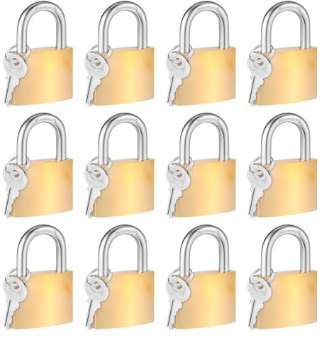 12 Pack Solid Brass Same Keyed Padlock, Keyed Alike Padlock Waterproof and Rustproof Lock with 1-1/4 Wide Body, Padlocks with Keys for Toolbox, Luggage, School lockers, Backpacks, Garages and Fence