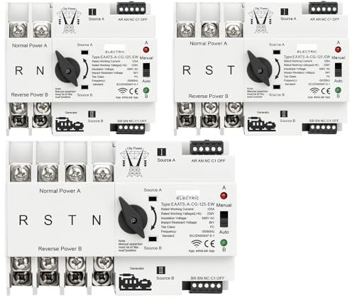 INOKAI Interruttore di Trasferimento Automatico Interruttore selettore Elettrico di trasferimento Automatico a Doppia Alimentazione ATS 2/3/4P 125A AC 230V WiFi Smart Remote Control ininterrotto(3P)