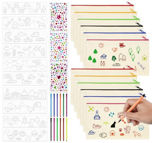 Anstore 12 Stück Stoffbeutel zum Bemalen für Kinder, DIY Blanko Stoff Federmäppchen um Bemalen mit 12 Buntstiften, 10 Schablonen Malen, 3 Blatt Glitzersteine, Bastelset Kindergeburtstag (21x12cm)