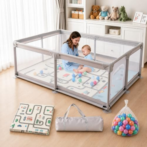 Truevaste Laufstall Baby mit Matratze & 50 Bällen 120x180cm für 1–2 Kinder | Großes Laufgitter 600D Oxford mit Atmungsaktivem Netz mit 8 Rutschfesten Saugnapf-Füßen, Playpen für Wohnzimmer & Spielzimmer