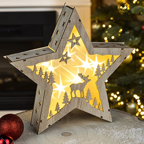 mucHome LED Weihnachts Stern aus Holz 30cm - Beleuchtung mit 10 warmweiße LED, 3D-Effekt - Weihnachten Advent Stern Tisch Deko Batteriebetrieben - Winterlandschaft
