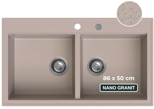 SINK QUALITY Doppel Spülbecken biege 86x50 cm, Doppelspüle mit Siphon und Imprägniermittel, Granitspüle 2 Becken - Küchenspüle ab 85er Unterschrank