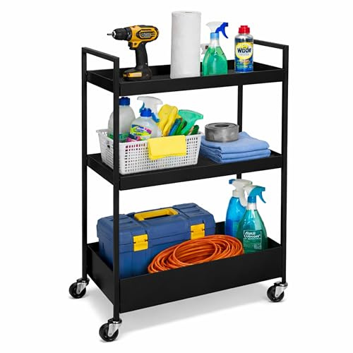 DIVCHI 3 Tier Utility Storage Trolley with Wheels – Slim Rolling Metal Storage Cart for Kitchen, Bathroom & Laundry Space Saving Narrow Gap Organiser with Mesh Shelf for Home, Office & Bedroom (Black)
