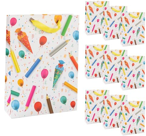 Idena 90540 - Geschenktüten Schulanfang, 10 Stück, Geschenktaschen in der Größe 25 x 34,5 x 8,5 cm, bunte Papiertüten mit Schultüten-Motiv