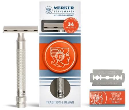 MERKUR Edelstahl Rasierhobel 34 INOX XL | Seidenmatt | Zweiteiliger Premium Rasierer mit geradem Schnitt | Geschlossener Kamm | Ideal für Nassrasur | Made in Germany