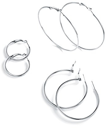 FOCALOOK Damen Große Hoop Ohrringe Set 3 Paare Silber Ton Creolen Runde Kreis Ohrringe 30/50/70mm Elegant Ohrschmuck für Frauen Mädchen Bürodamen