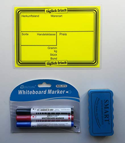 20 laminierte Preisschilder 154 x 216 mm leuchtgelb + 3 Marker + 1 Schwamm zum Löschen für Obst und Gemüse mit Aufdruck Werbesymbole