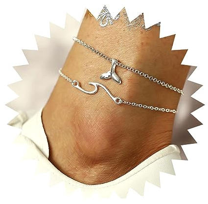 Yienate Fußkettchen im Bohemian-Stil, Wellenschwanz-Anhänger, mehrlagig, Fußkette, Fußkettchen, Strand-Schmuck für Damen und Mädchen, Metall