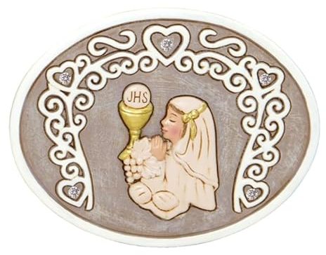 Ingrosso e Risparmio Bomboniera Comunione 1PZ Quadretto d'Appoggio Icona da Tavolo Ovale in Resina con Strass e Decoro con Cuori Raffigurante Bambina in Preghiera Idea Regalo Sacro Bimba