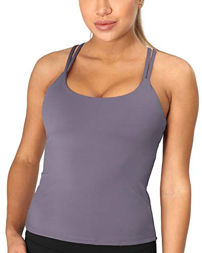 icyzone Damen Sport Top mit Integriertem BH - Longline Gepolsterter Yoga-BH Ohne Bügel, 2 in 1 Gym Fitness Tanktop (XL, Purple)