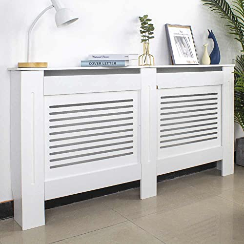 BAKAJI Funda para radiador, de Madera de Densidad Media, 152 x 19 x 82 cm, Funda para radiador con Estante Superior y decoración de Listones horizontales, diseño Moderno Blanco