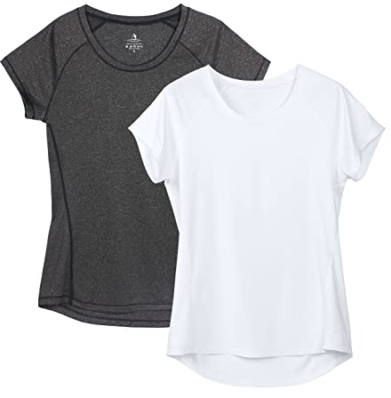 icyzone Damen Fitness Sport T-Shirt Kurzarm Laufshirt Training Gym Funktion Shirt, 2er-Pack (L, Schwarz*/Weiß*)